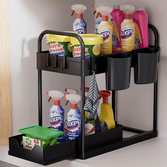Multi-Purpose Under Sink Cabinet Organiser with Bottom Sliding Basket Drawer,4 Hooks and 2 Hanging Cup - for Bathroom and Kitchen Countertop